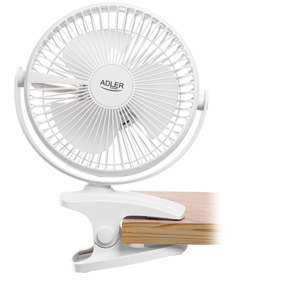 Burea ventilator met klem, oplaadbaar, 15,5 cm, 360° draaibaar, USB-C, Adler