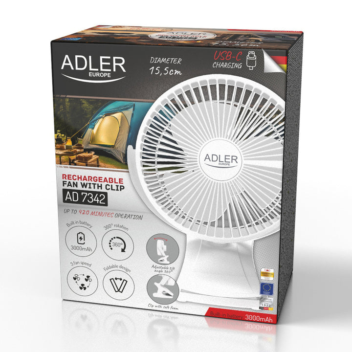 Burea ventilator met klem, oplaadbaar, 15,5 cm, 360° draaibaar, USB-C, Adler