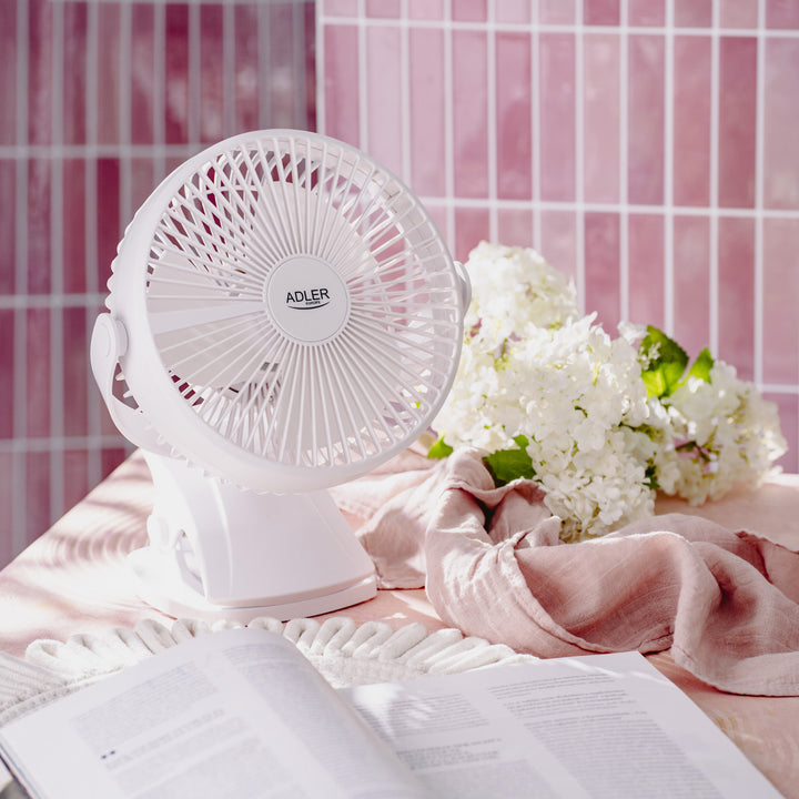 Burea ventilator met klem, oplaadbaar, 15,5 cm, 360° draaibaar, USB-C, Adler