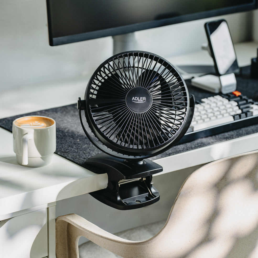 Burea ventilator met klem, oplaadbaar, 15,5 cm, 360° draaibaar, USB-C, Adler