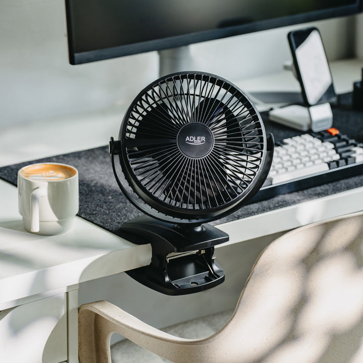 Burea ventilator met klem, oplaadbaar, 15,5 cm, 360° draaibaar, USB-C, Adler