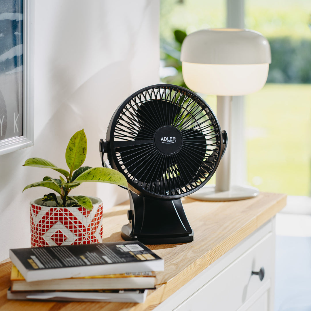 Burea ventilator met klem, oplaadbaar, 15,5 cm, 360° draaibaar, USB-C, Adler