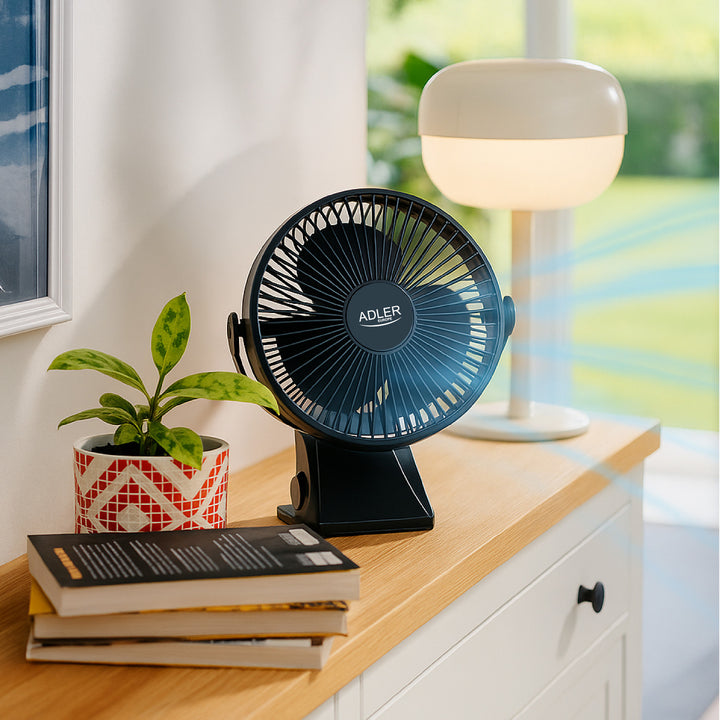 Burea ventilator met klem, oplaadbaar, 15,5 cm, 360° draaibaar, USB-C, Adler