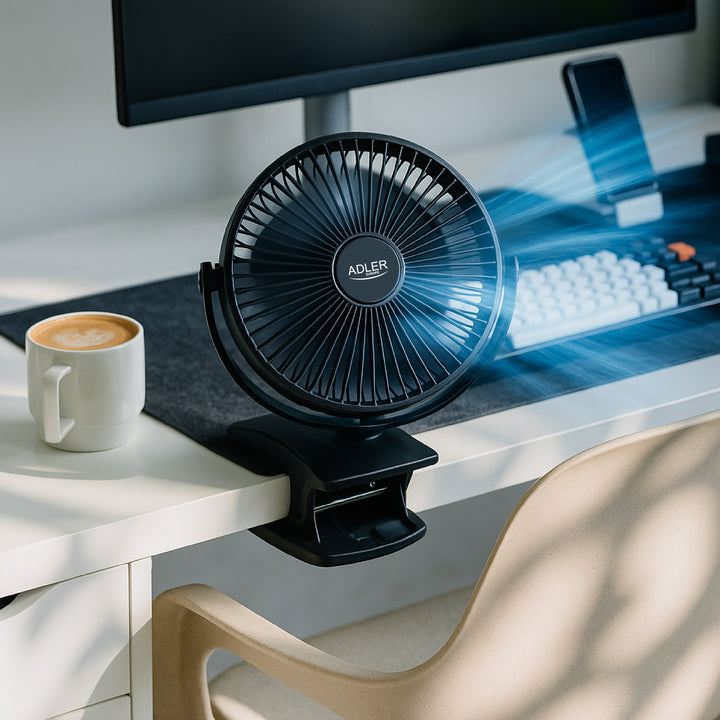 Burea ventilator met klem, oplaadbaar, 15,5 cm, 360° draaibaar, USB-C, Adler