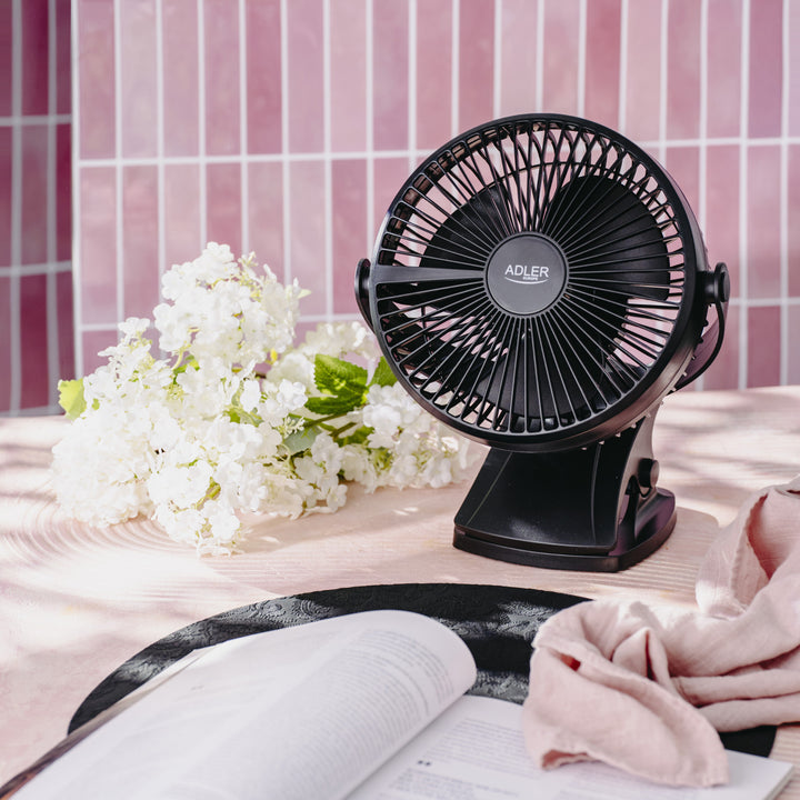 Burea ventilator met klem, oplaadbaar, 15,5 cm, 360° draaibaar, USB-C, Adler