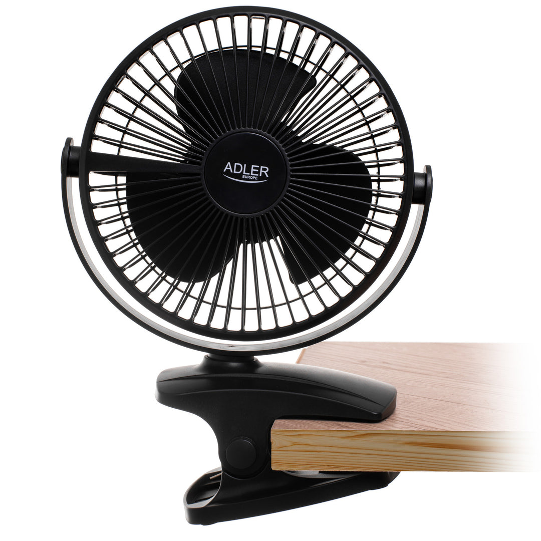Burea ventilator met klem, oplaadbaar, 15,5 cm, 360° draaibaar, USB-C, Adler