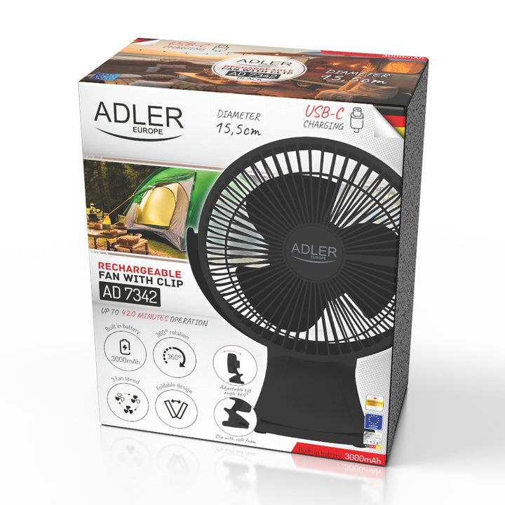 Burea ventilator met klem, oplaadbaar, 15,5 cm, 360° draaibaar, USB-C, Adler