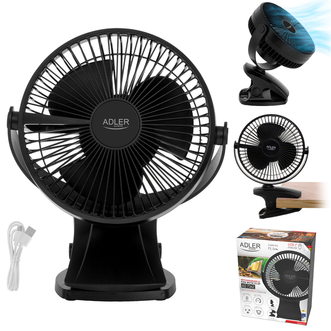 Burea ventilator met klem, oplaadbaar, 15,5 cm, 360° draaibaar, USB-C, Adler