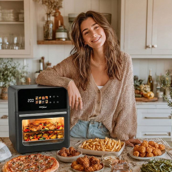 GreenBlue AIR FRYER vetvrije friteuse, krachtig 1800 W, inhoud 10 l, 8 programma’s, accessoires, timer, GB950 + voedselthermometer/voel, GreenBlue GB178