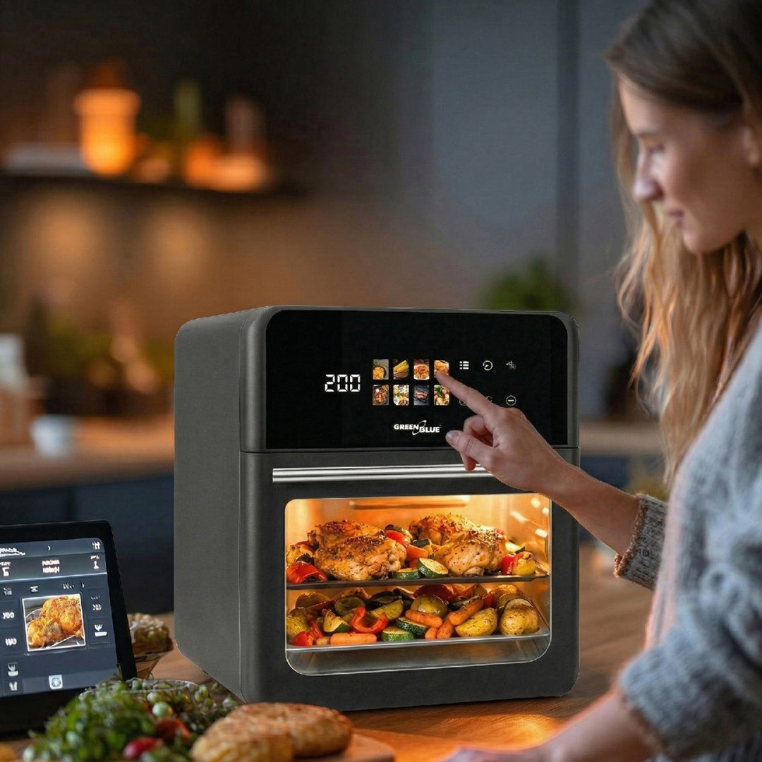 GreenBlue AIR FRYER vetvrije friteuse, krachtig 1800 W, inhoud 10 l, 8 programma’s, accessoires, timer, GB950 + voedselthermometer/voel, GreenBlue GB178