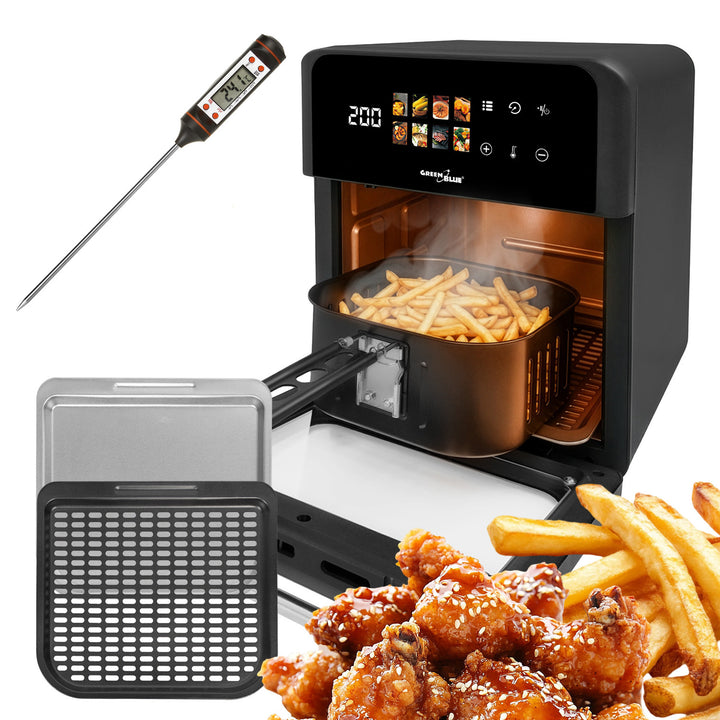 GreenBlue AIR FRYER vetvrije friteuse, krachtig 1800 W, inhoud 10 l, 8 programma’s, accessoires, timer, GB950 + voedselthermometer/voel, GreenBlue GB178