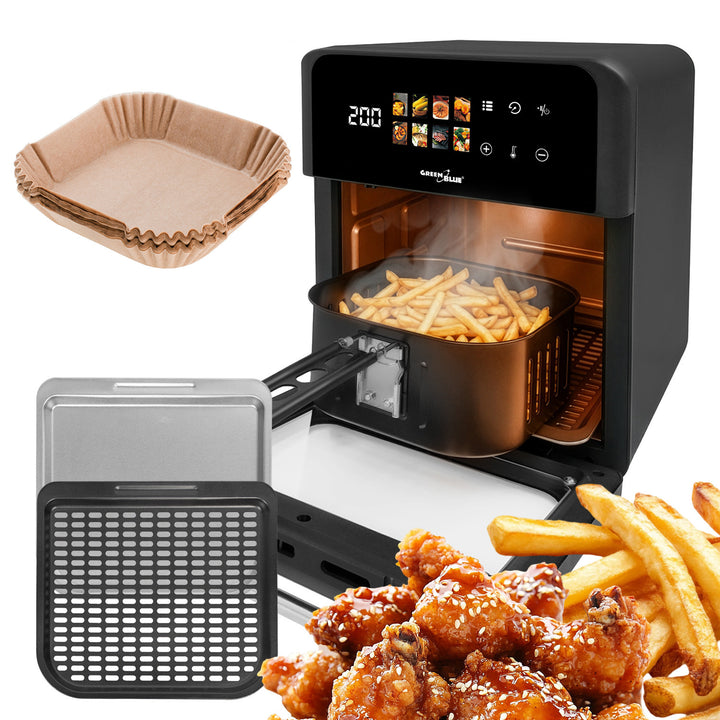 GreenBlue AIR FRYER vetvrije friteuse, krachtig 1800 W, inhoud 10 l, 8 programma’s, accessoires, timer, GB950 + papieren inlegvellen 16 cm, 100 stuks