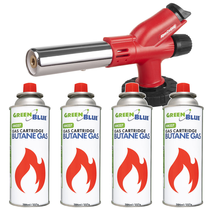 Alpen Camping-gasbrander voor gaspatronen, vlamtemperatuur 1300 °C, piëzo-ontsteking, vlamregeling, ETNA + 4x GreenBlue-gaspatroon van 227 g. Certificaat: Pi 0875, voldoet aan de norm EN417