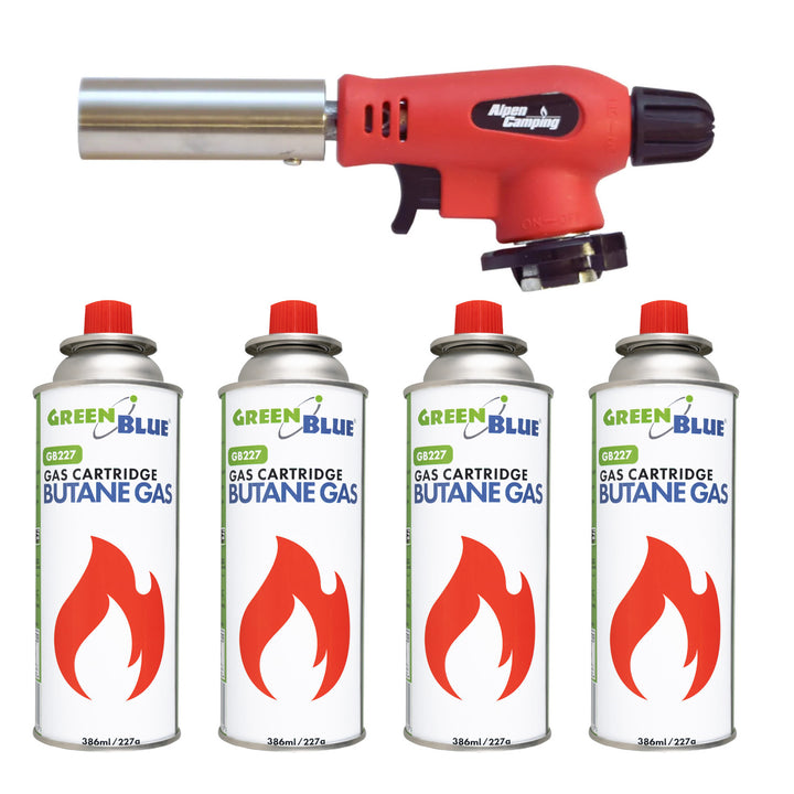 Alpen Camping-gasbrander op gaspatronen, draaibereik 360°, vlamtemperatuur 1300 °C, piëzo-ontsteking, OLIMP + 4x GreenBlue-gaspatroon van 227 g. Certificaat: Pi 0875, voldoet aan de norm EN417