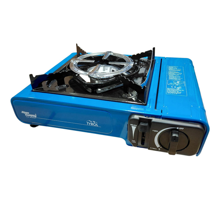 Alpen Camping-kampeerfornuis, vermogen: 2,0 kW, gasverbruik 146 g/u, piëzo-ontsteking, TYROL+ 4x gaspatroon 227 g GreenBlue. Certificaat: Pi 0875, voldoet aan de norm EN 417