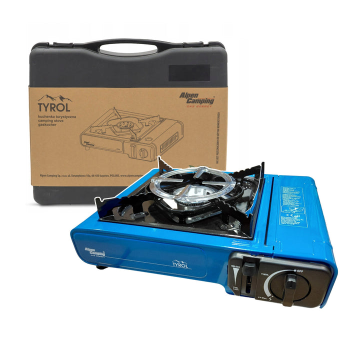 Alpen Camping-kampeerfornuis, vermogen: 2,0 kW, gasverbruik 146 g/u, piëzo-ontsteking, TYROL+ 4x gaspatroon 227 g GreenBlue. Certificaat: Pi 0875, voldoet aan de norm EN 417