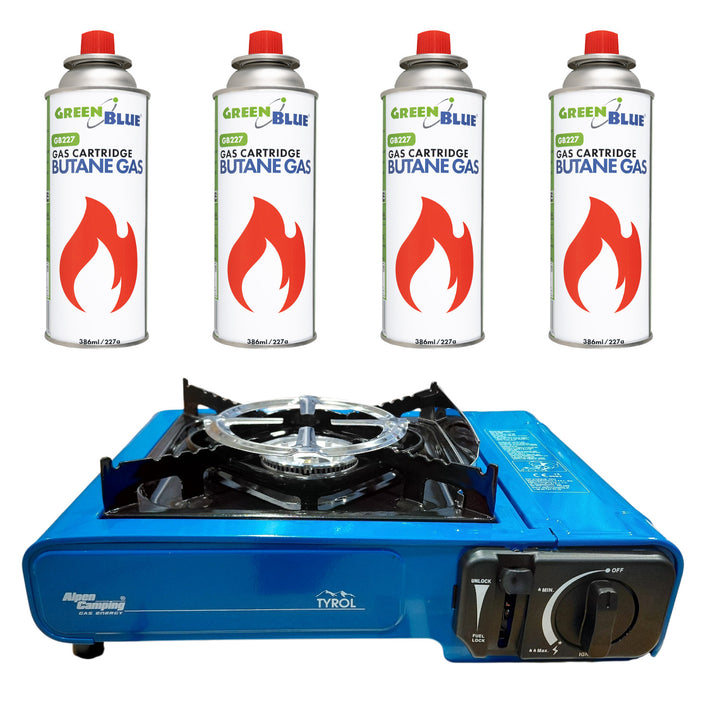 Alpen Camping-kampeerfornuis, vermogen: 2,0 kW, gasverbruik 146 g/u, piëzo-ontsteking, TYROL+ 4x gaspatroon 227 g GreenBlue. Certificaat: Pi 0875, voldoet aan de norm EN 417