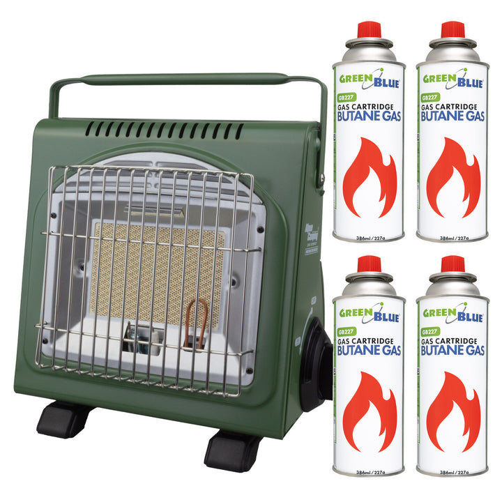 Alpen Camping draagbaar gasfornuis, 2-in-1, gasverbruik 124 g/u, piëzo-ontsteking, ICELAND IK-1000 PRO+ 4x gaspatroon 227 g GreenBlue. Certificaat: Pi 0875, voldoet aan de norm EN417