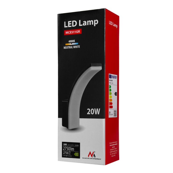Maclean LED-lamp, grijs, 20 W, IP65, 2750 lm, neutraal wit (4000 K) MCE511 GR, 2 stuks
