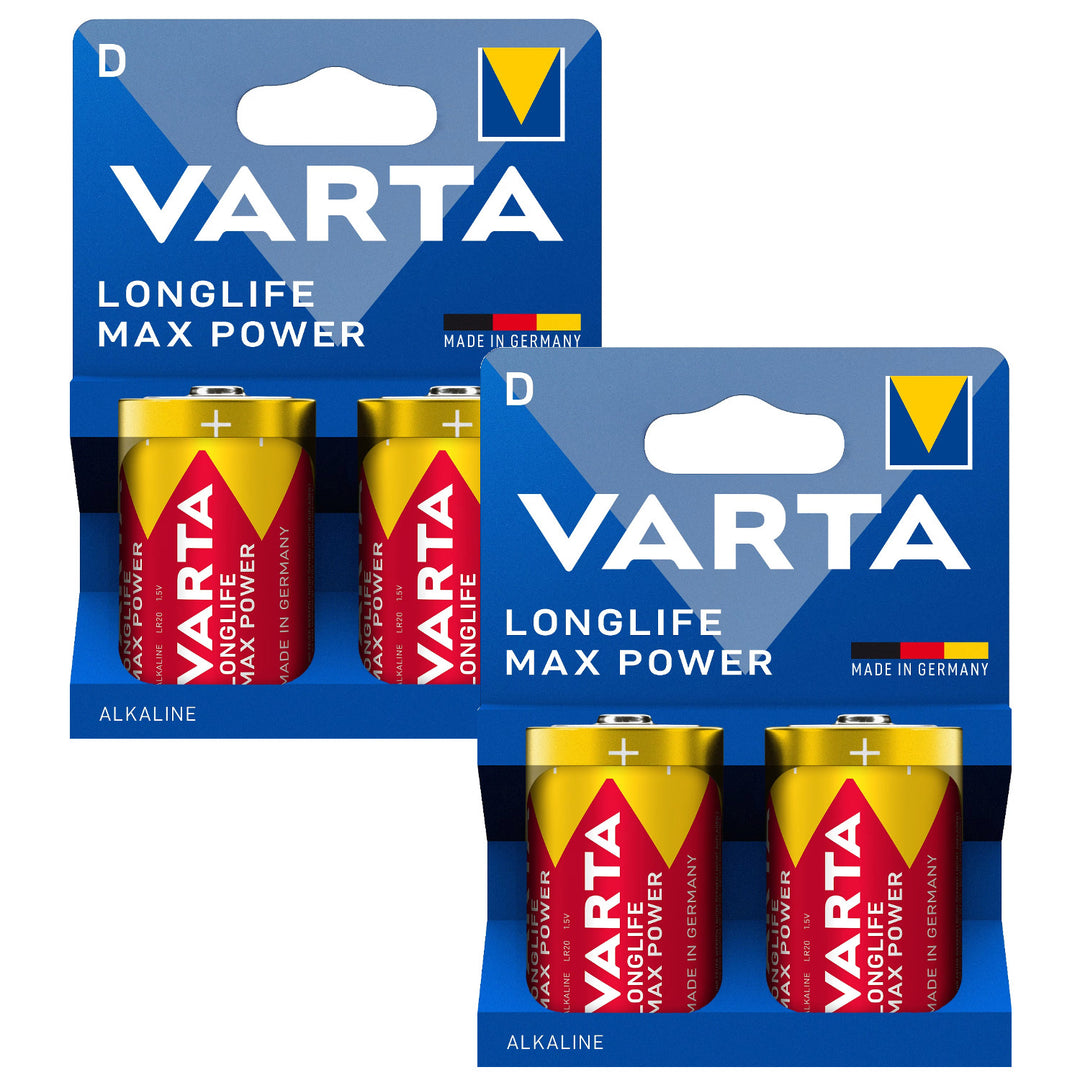 4 stuks R-20 R20 D 1,5 V alkalinebatterijen van Varta Longlife Max Power