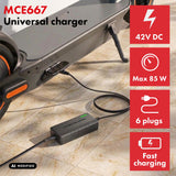 Universele oplader / voedingsadapter van Maclean Energy, voor steps, 42 V DC, 2 A, max. 85 W, snelladen, 6 stekkers, MCE667