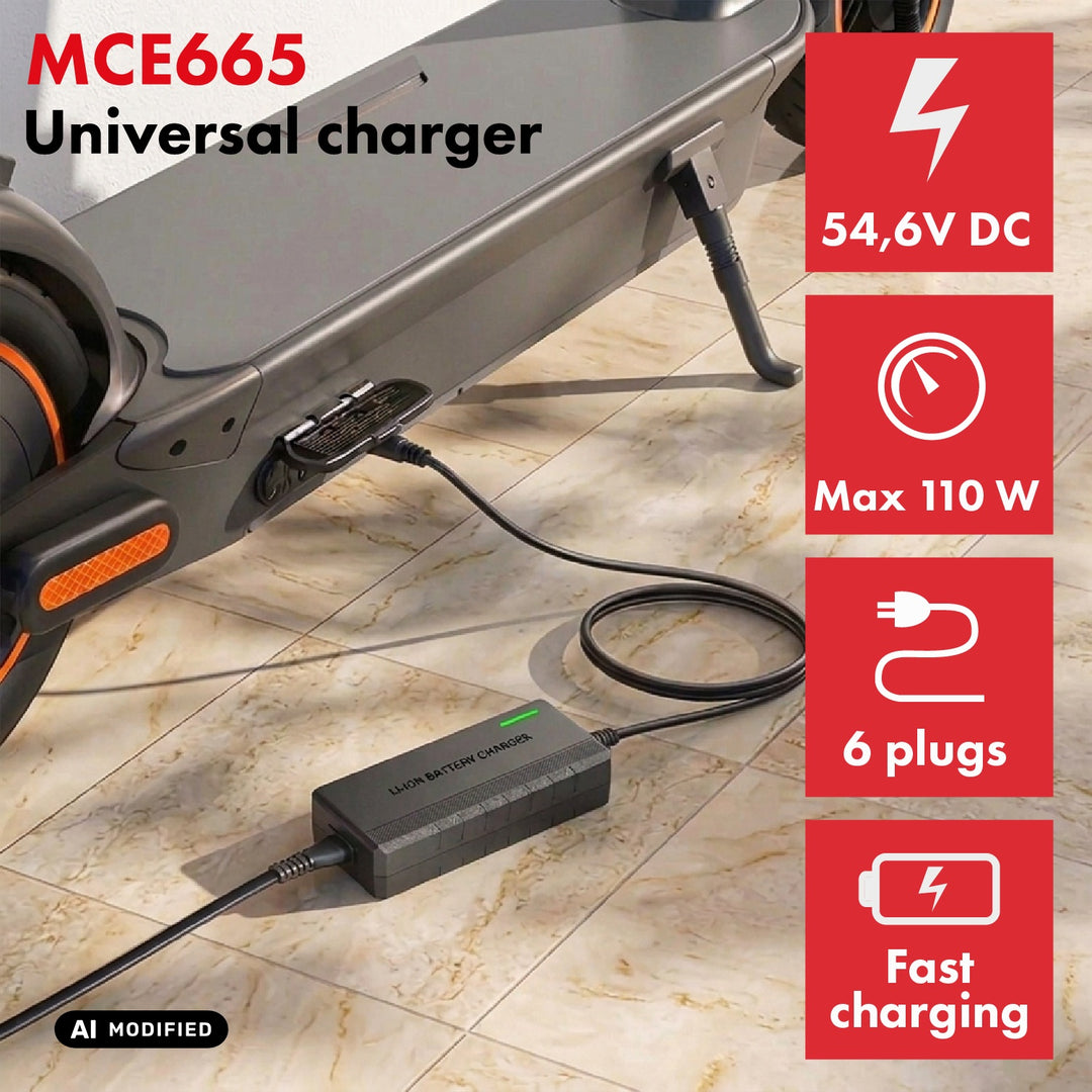 Universele oplader / voedingsadapter van Maclean Energy, voor steps, 54,6 V DC, 2 A, max. 110 W, snelladen, 6 stekkers, MCE665