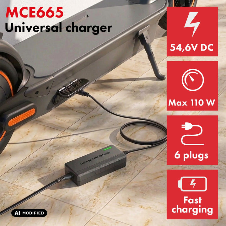 Universele oplader / voedingsadapter van Maclean Energy, voor steps, 54,6 V DC, 2 A, max. 110 W, snelladen, 6 stekkers, MCE665