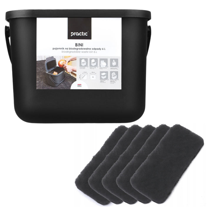Bioafvalbak 6 l zwart Bini Practic + 5x Practic-koolstoffilter