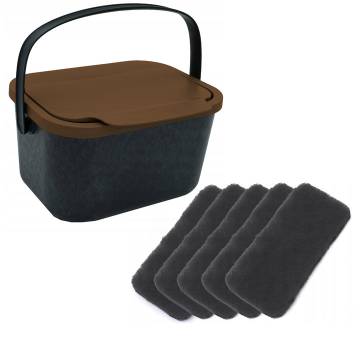 Bioafvalbak, inhoud 4,5 liter, zwart met bruin deksel, Mini Bini + 5x Practic-koolstoffilter