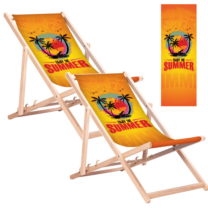 Klassieke beukenhouten ligstoel GreenBlue GB183 met 'Enjoy The Summer'-print, 2 stuks