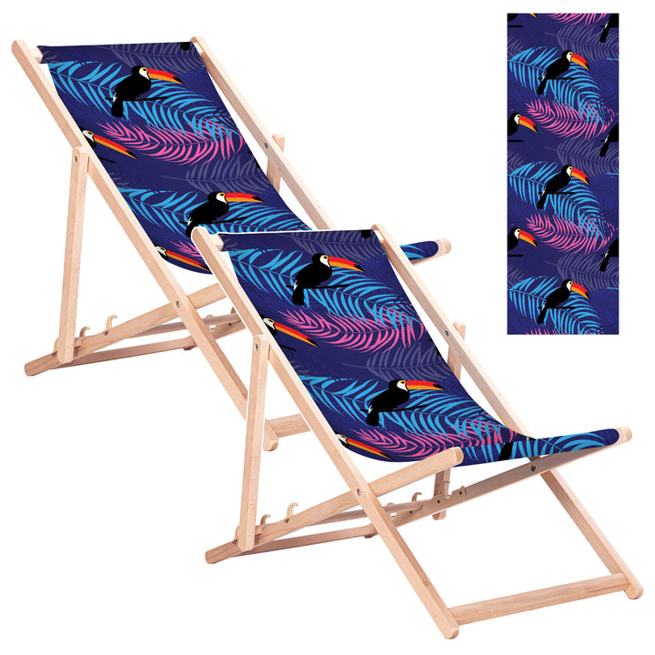 Klassieke ligstoel van beukenhout GreenBlue GB183 met Tukan-print, 2 stuks