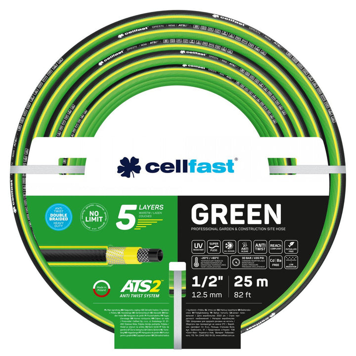 Slangwagen Cellfast Aluplus 1/2" 60 m + tuinslang Cellfast Green ATS2 1/2" 25 m + set met rechte sproeier Cellfast Basic 1/2"