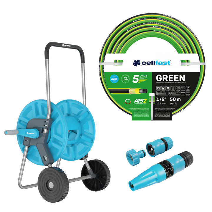 Slangwagen Cellfast Aluplus 1/2" 60 m + tuinslang Cellfast Green ATS2 1/2" 50 m + set met rechte sproeier Cellfast Basic 1/2"