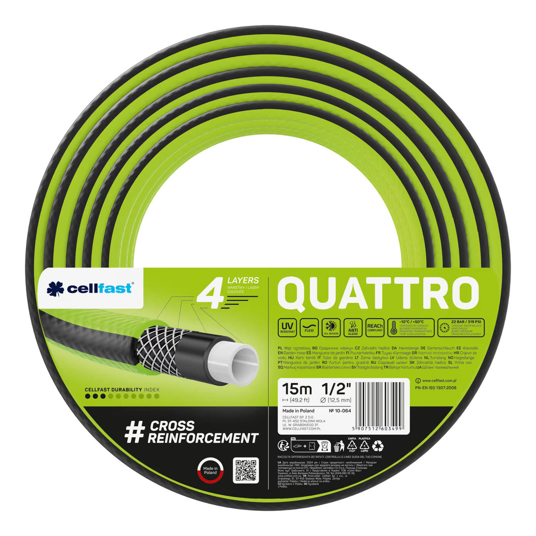 Cellfast Aluplus-slangwagen 1/2" 60 m + Cellfast Quattro-tuinslang 1/2" 15 m + set met Cellfast Basic-sproeier 1/2"