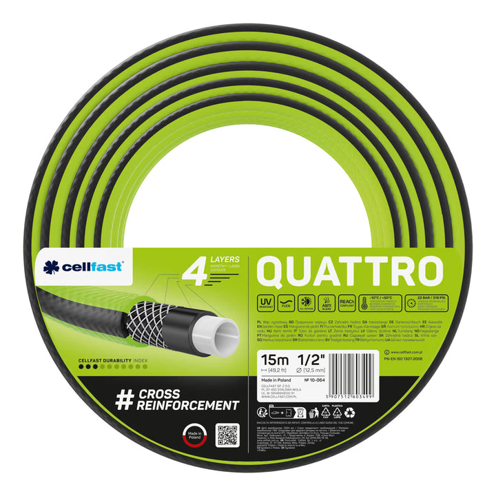 Cellfast Aluplus-slangwagen 1/2" 60 m + Cellfast Quattro-tuinslang 1/2" 15 m + set met Cellfast Basic-sproeier 1/2"