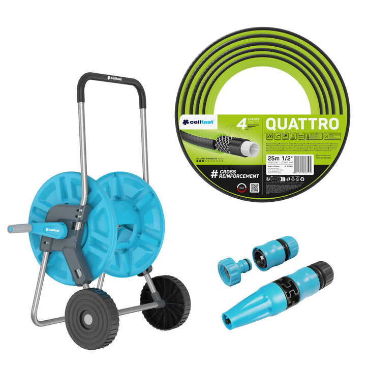 Cellfast Aluplus-slangwagen 1/2" 60 m + Cellfast Quattro-tuinslang 1/2" 25 m + set met Cellfast Basic-sproeier 1/2"