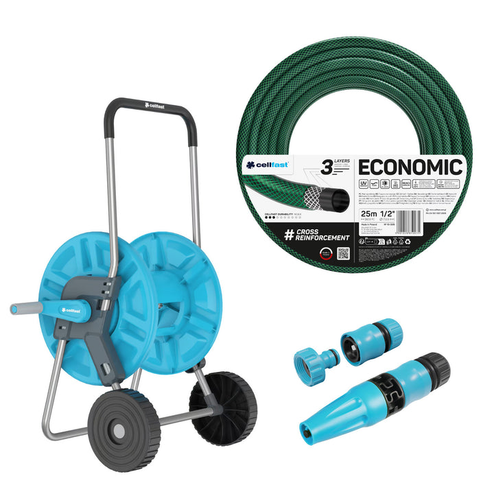 Cellfast Aluplus-slangwagen 1/2" 60 m + Cellfast Economic-tuinslang 1/2" 25 m + set met Cellfast Basic-sproeier 1/2"
