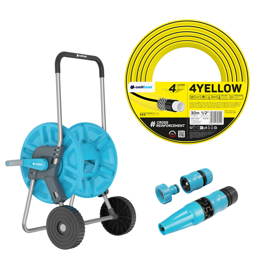 Cellfast Aluplus-slangwagen 1/2" 60 m + Cellfast 4YELLOW-tuinslang 1/2" 30 m + set met Cellfast Basic-sproeier 1/2"