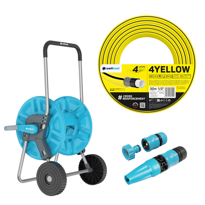 Cellfast Aluplus-slangwagen 1/2" 60 m + Cellfast 4YELLOW-tuinslang 1/2" 30 m + set met Cellfast Basic-sproeier 1/2"