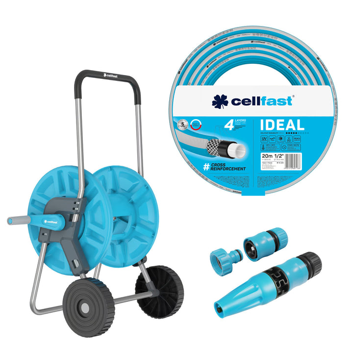 Cellfast Aluplus-slangwagen 1/2" 60 m + Cellfast IDEAL-tuinslang 1/2" 20 m + Set met Cellfast Basic-sproeier 1/2"
