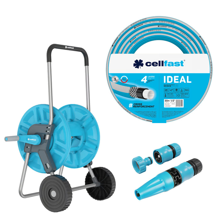 Cellfast Aluplus-slangwagen 1/2" 60 m + Cellfast IDEAL-tuinslang 1/2" 30 m + Set met Cellfast Basic-sproeier 1/2"