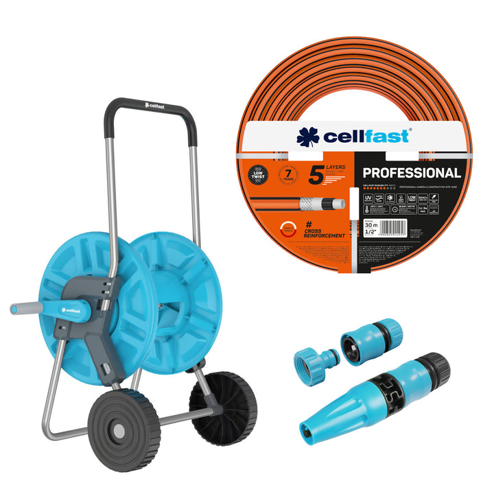 Cellfast Aluplus-slangwagen 1/2" 60 m + Cellfast-tuinslang, PROFESSIONAL 1/2" 30 m + Set met Cellfast Basic-sproeier 1/2"