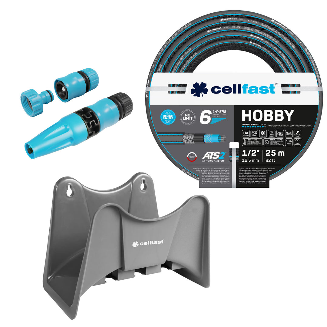 Cellfast Hobby ATS2 tuinslang 1/2" 25 m + Cellfast grijze slanghouder + set met Cellfast Basic rechte sproeikop 1/2"