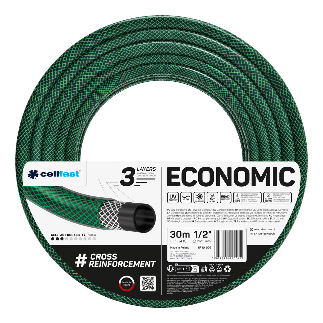 Cellfast Economic tuinslang 1/2" 30 m + Cellfast slanghouder grijs + set met Cellfast Basic rechte sproeier 1/2"