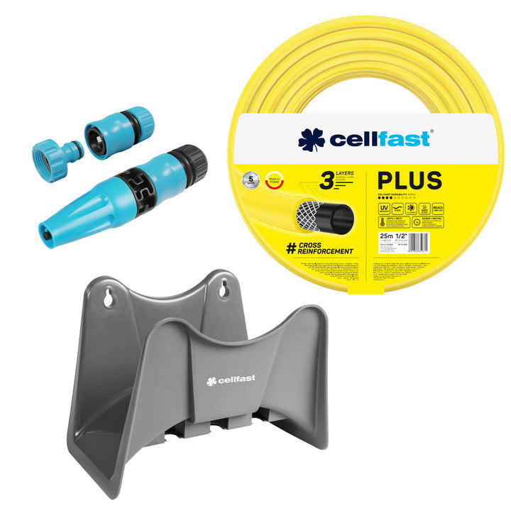 Cellfast Plus-tuinslang 1/2" 25 m + Cellfast-slanghouder (grijs) + set met Cellfast Basic-sproeier 1/2"
