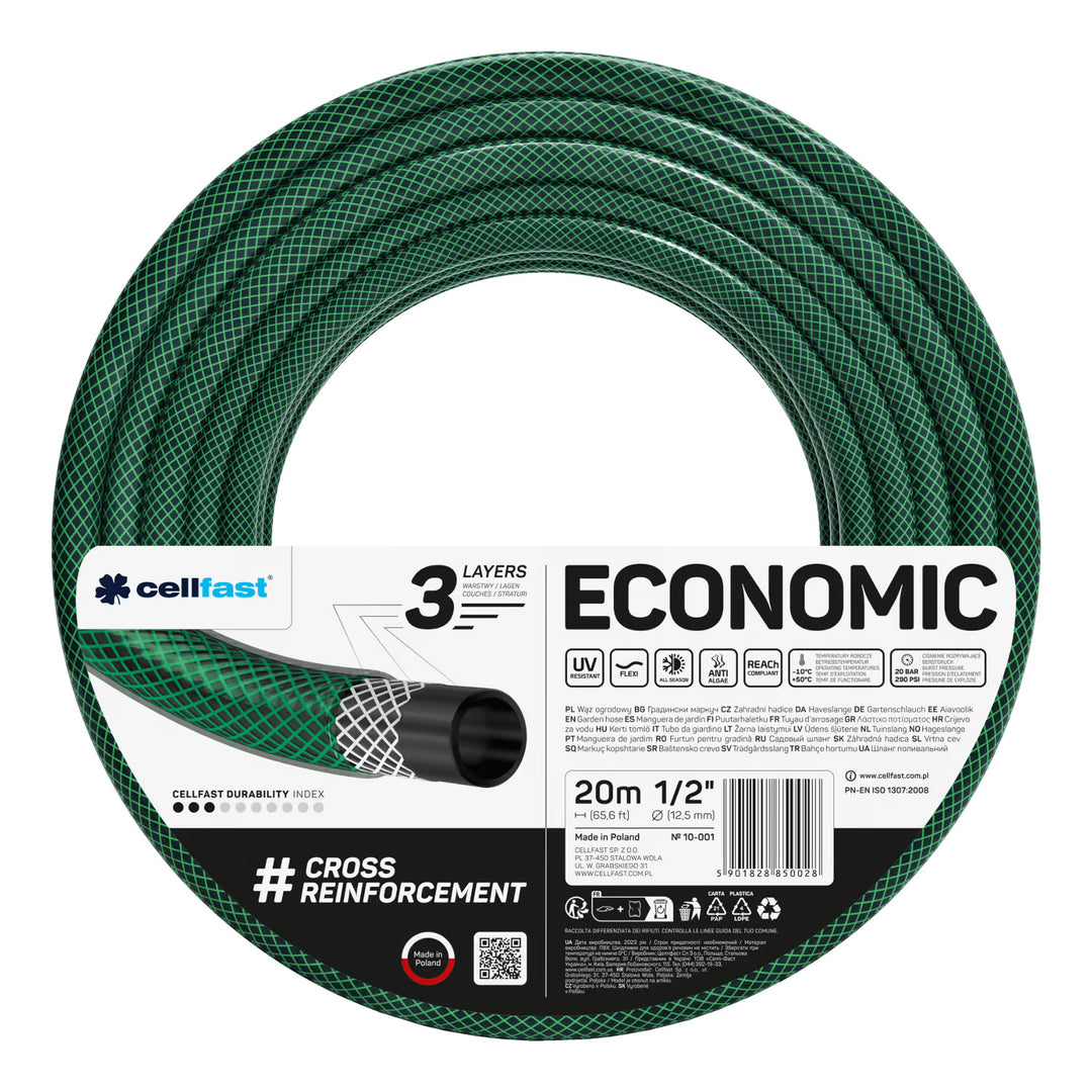 Cellfast Economic tuinslang 1/2" 20 m + Cellfast slanghouder (grijs) + set met Cellfast Basic rechte sproeier 1/2"