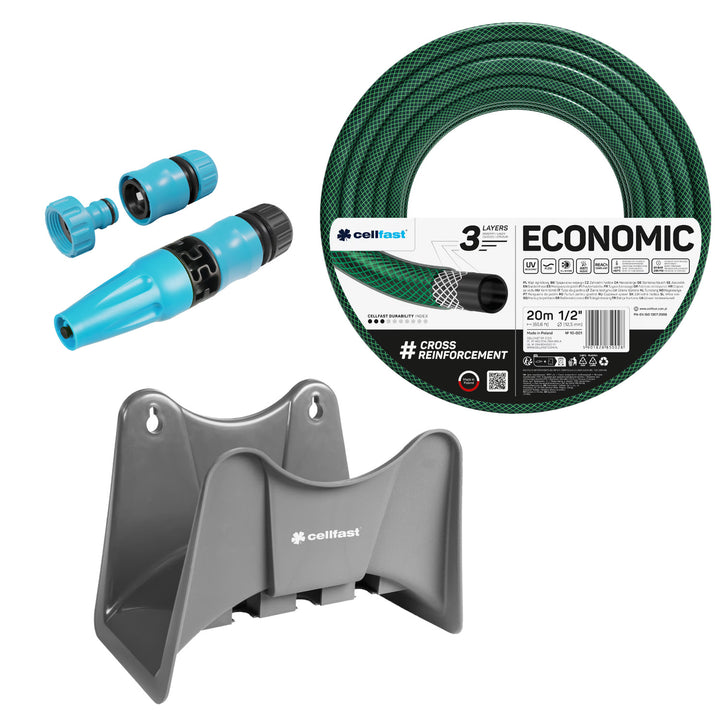 Cellfast Economic tuinslang 1/2" 20 m + Cellfast slanghouder (grijs) + set met Cellfast Basic rechte sproeier 1/2"