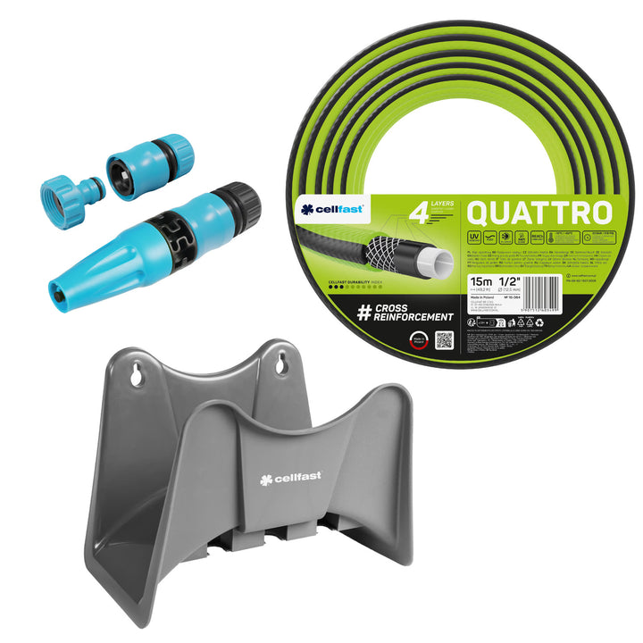 Cellfast Quattro-tuinslang 1/2" 15 m + Cellfast-slanghouder (grijs) + set met Cellfast Basic-sproeier 1/2"
