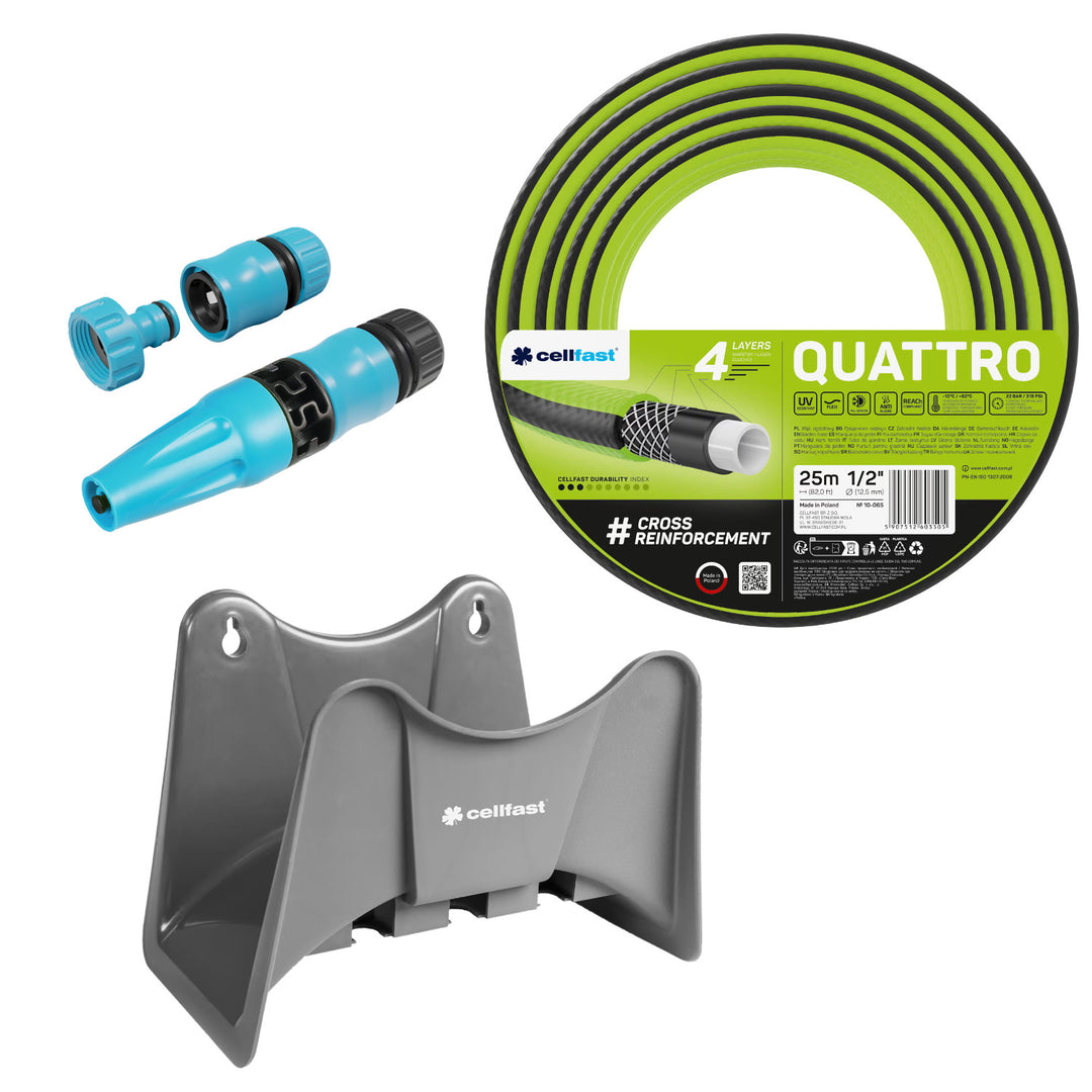 Cellfast Quattro tuinslang 1/2" 25 m + Cellfast slanghouder grijs + set met Cellfast Basic rechte sproeikop 1/2"