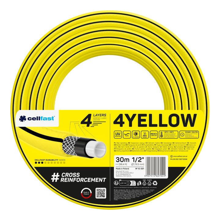 Cellfast 4YELLOW tuinslang 1/2" 30 m + Cellfast grijze slanghouder + set met Cellfast Basic rechte sproeier 1/2"